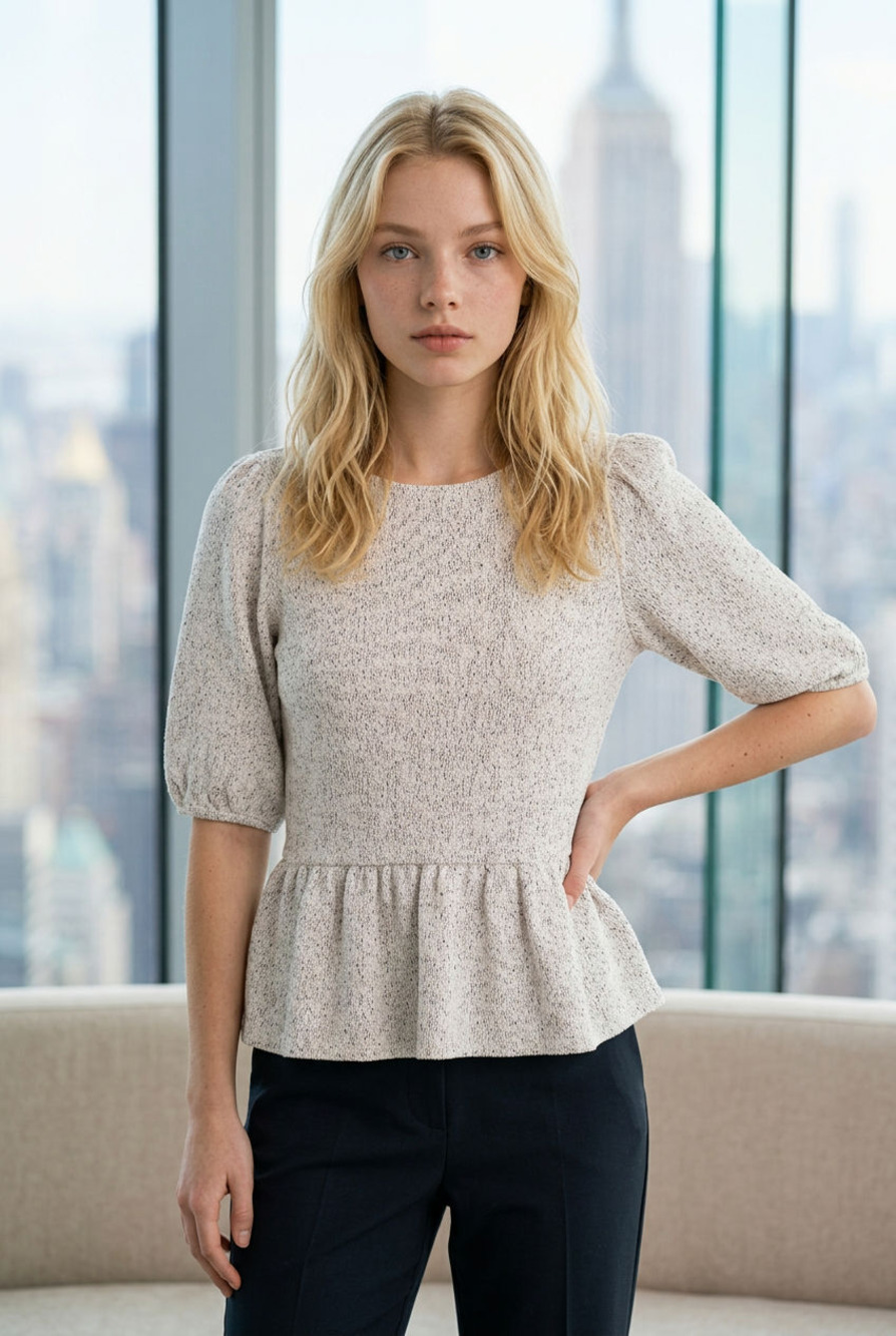 Banana Republic Speckled Knit Puff Sleeve Peplum Top
